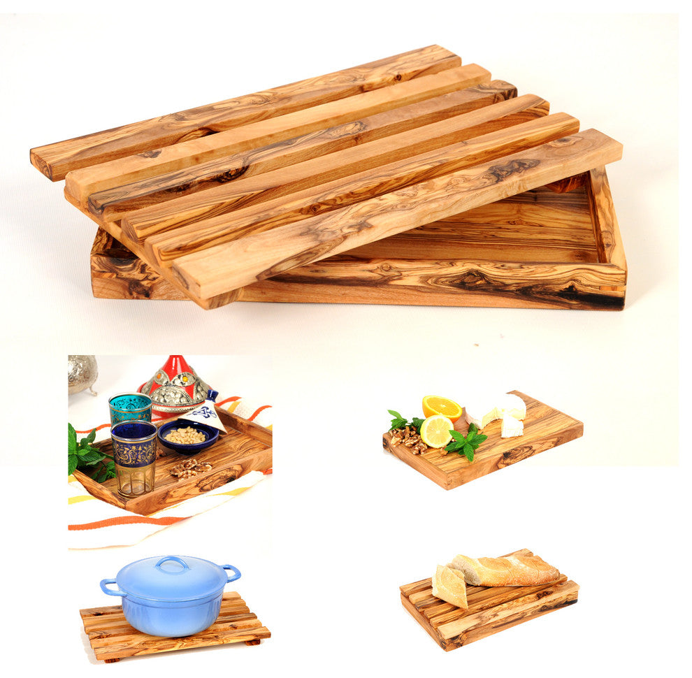 Handcrafted Olive Wood Bread Cutting Board with Crumb Catcher