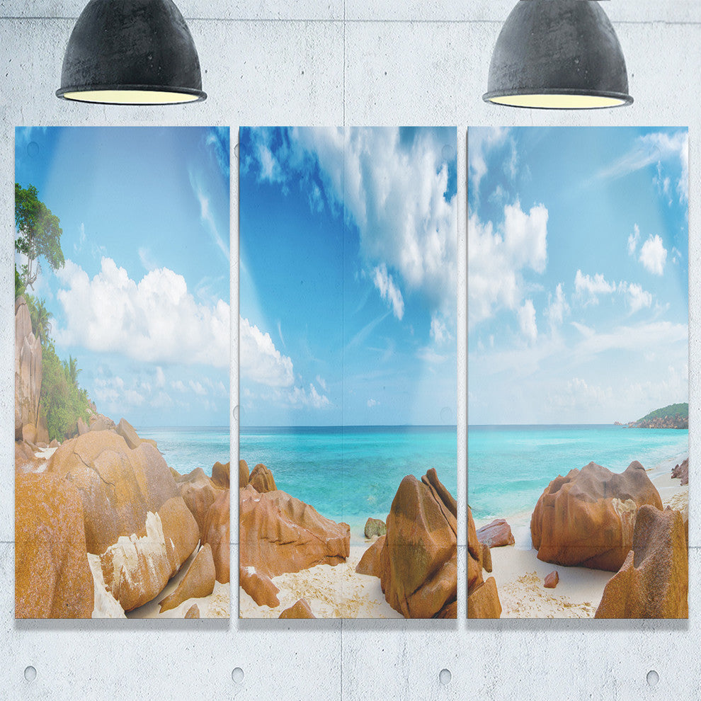 "Rocky Seychelles Island Panorama" Metal Wall Art, 3 Panels, 36"x28"