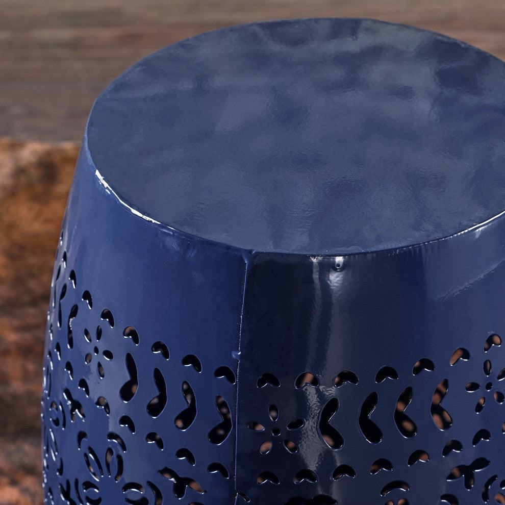 GDF Studio Apple Indoor 12" Lace Cut Iron Side Table, Dark Blue