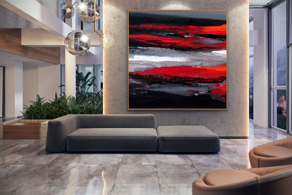 60x60 IN Black red gray abstract Art Large Modern Painting Wall Art Decor