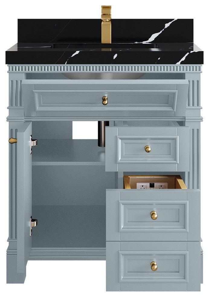 Paris 30" Single Sink Bathroom Vanity, Blue Heather 2" Calacatta Black