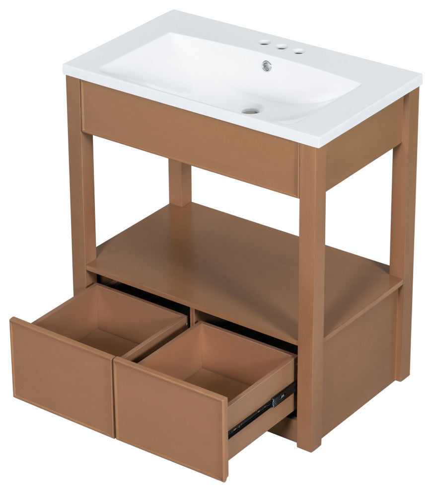 GDF Studio 30"W Vanity With Ceramic Sink, Open Shelf & Two Drawers, Brown