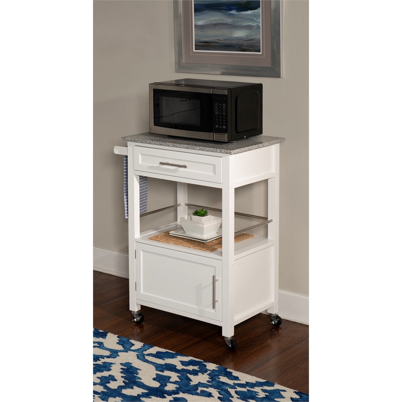 Linon Mitchell Wood Granite Top Rolling Kitchen Cart Ample Storage in White