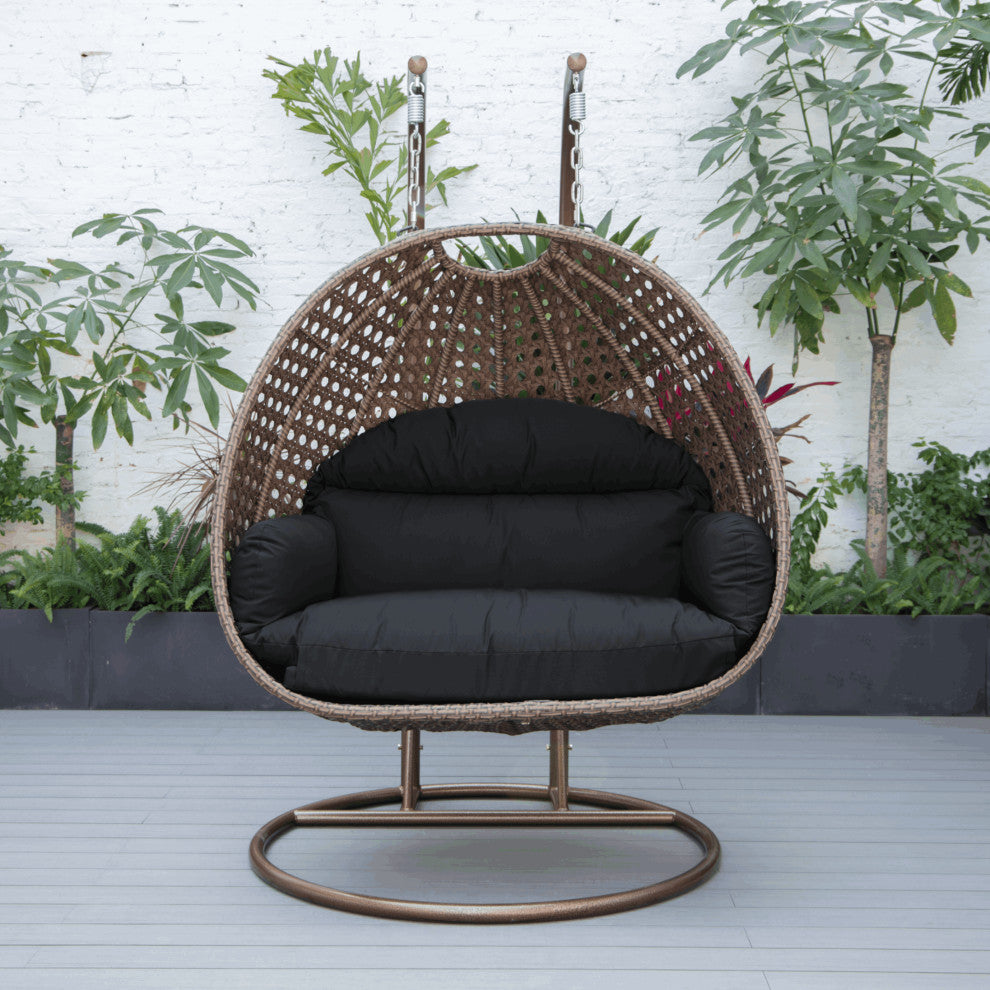 LeisureMod Mendoza Dark Brown Wicker Hanging Double Egg Swing Chair, Dark Gray