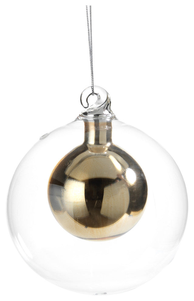 4" Tall Double Glass Christmas Ball Ornament, Small, Gold, Set of 6