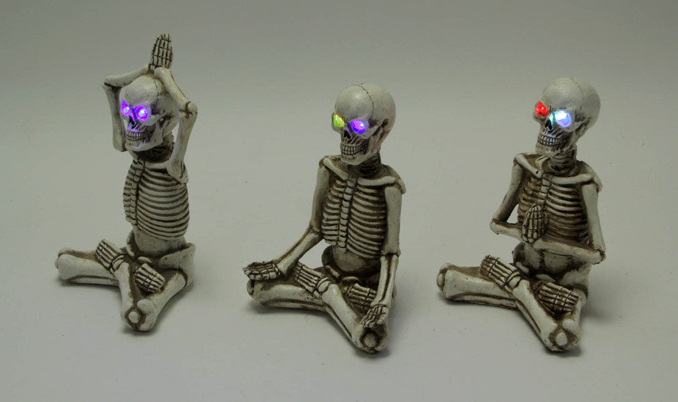 Bone Stretchers Yoga Skeleton Figurines with Color Changing LED Eyes Set of 3