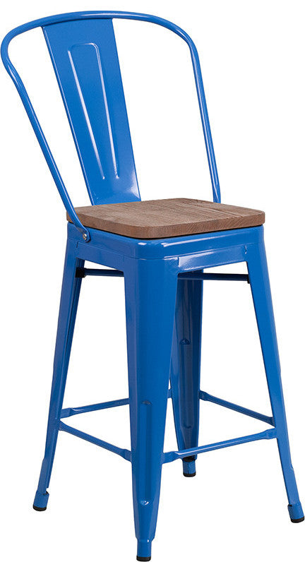 24" High Blue Metal Counter Height Stool With Back and Wood Seat