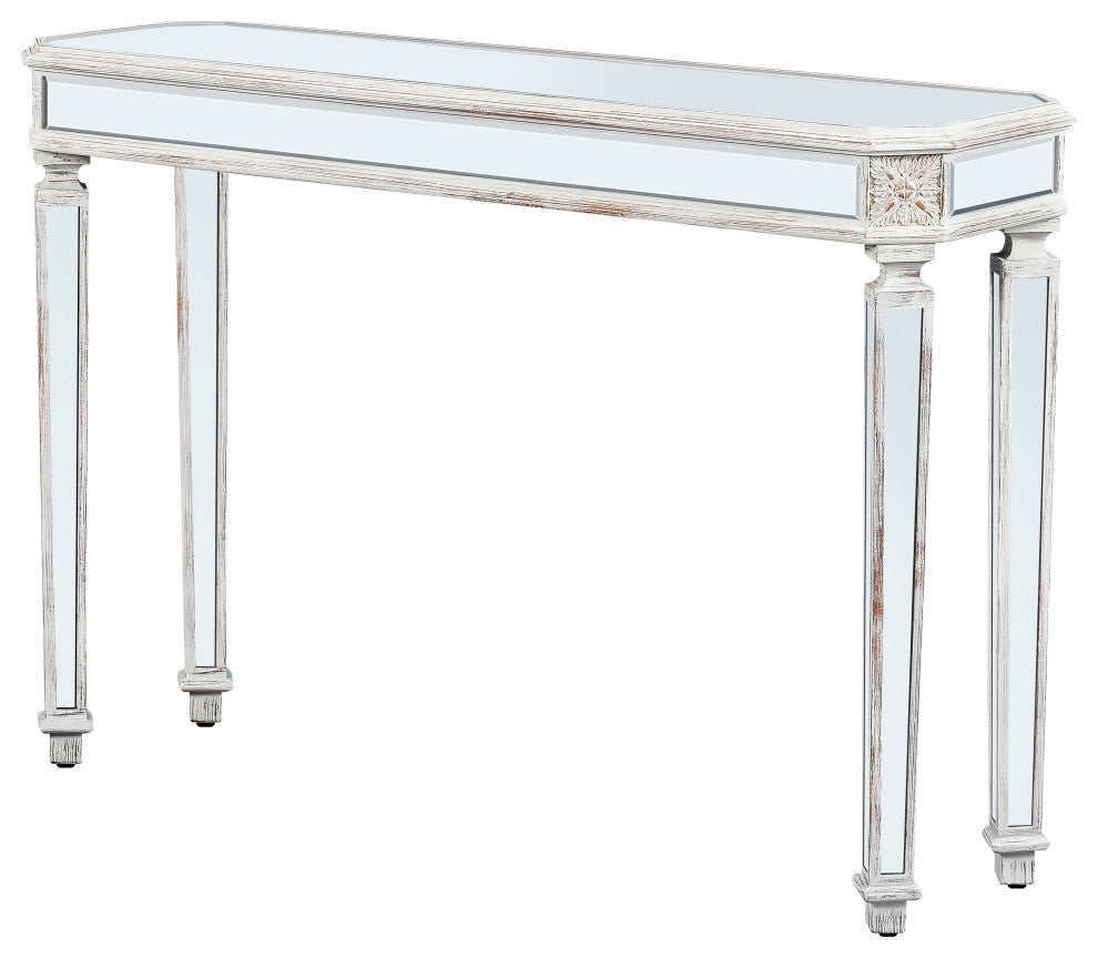 GDF Studio 48" Vintage Mirror Console Table With Wood Grain Carving, Oak/Silver