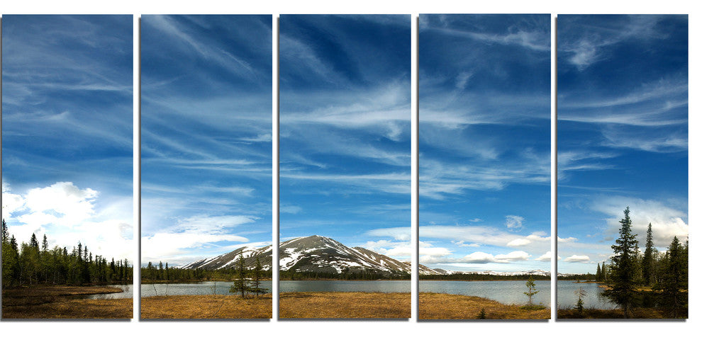 "Mountain and Lake Under Blue Sky" Wall Art, 60"x28", 5-Panels