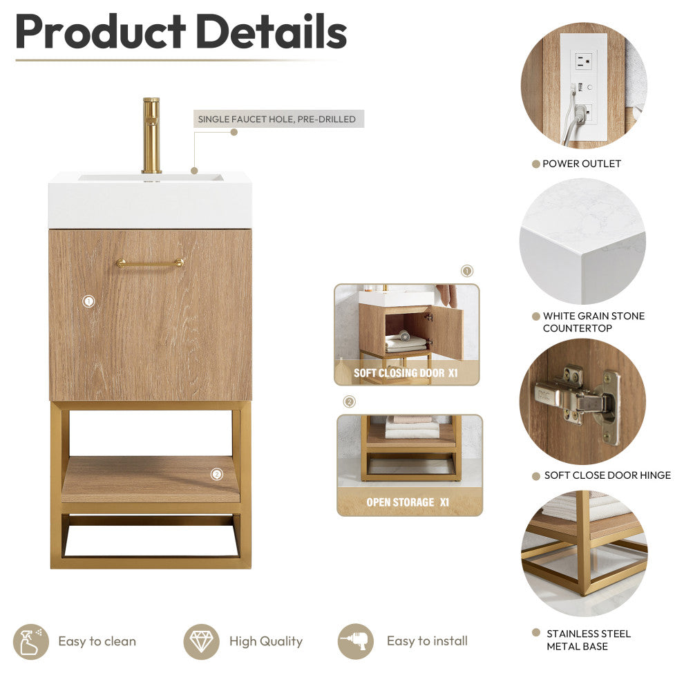 Alistair Vanity, North American Oak With Countertop, 18", With Mirror