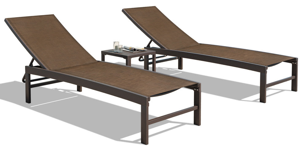 Patio Set Outdoor Aluminum Adjustable Chaise Lounge Chairs and Table Set, Brown