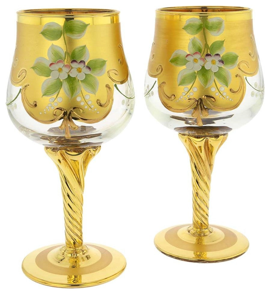 GlassOfVenice Set of Two Murano Glass Wine Glasses 24K Gold Leaf - Transparent