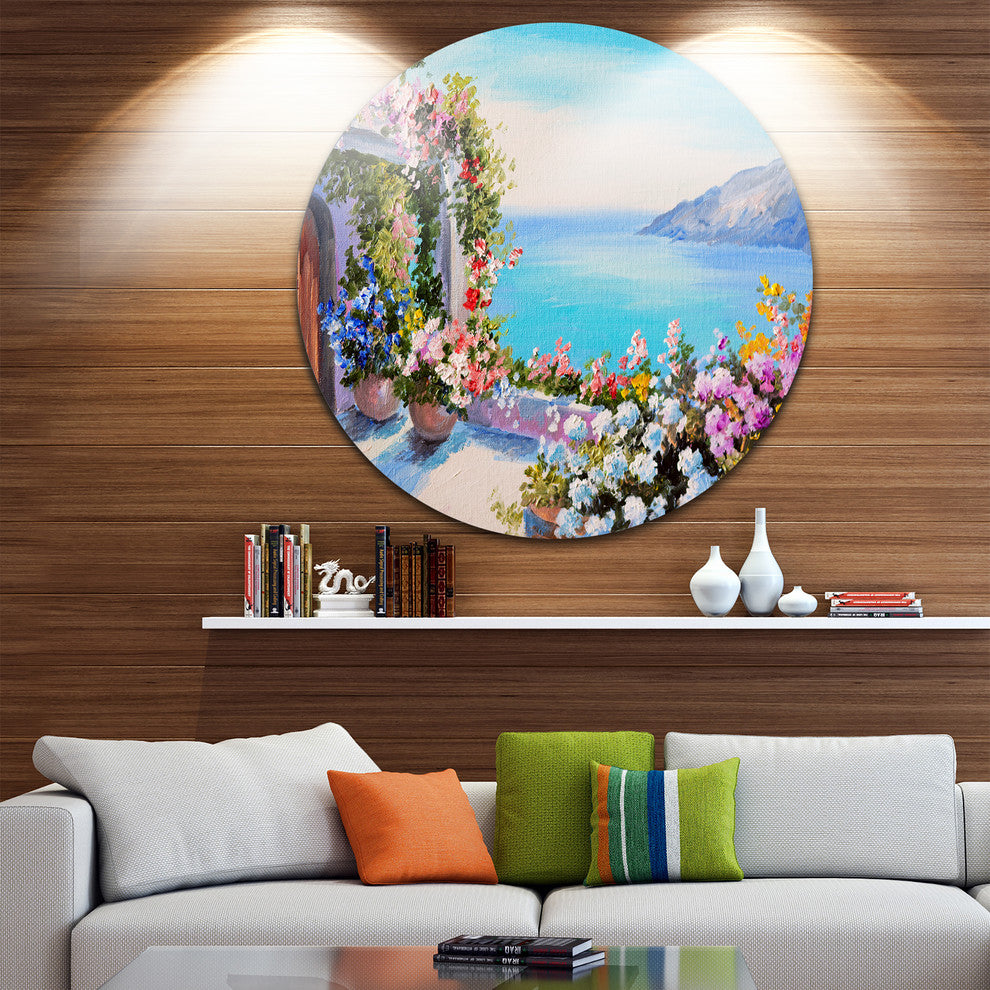 Sea And Flowers, Landscape Round Wall Art, 23"