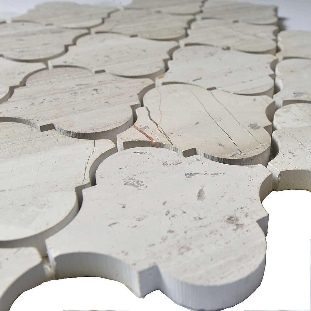 12"x10.5" Marble Mosaic Tile, LanternCollection, White Oak, Arabesque, Polished