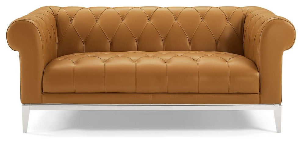 Idyll Tufted Button Upholstered Leather Chesterfield Loveseat Tan