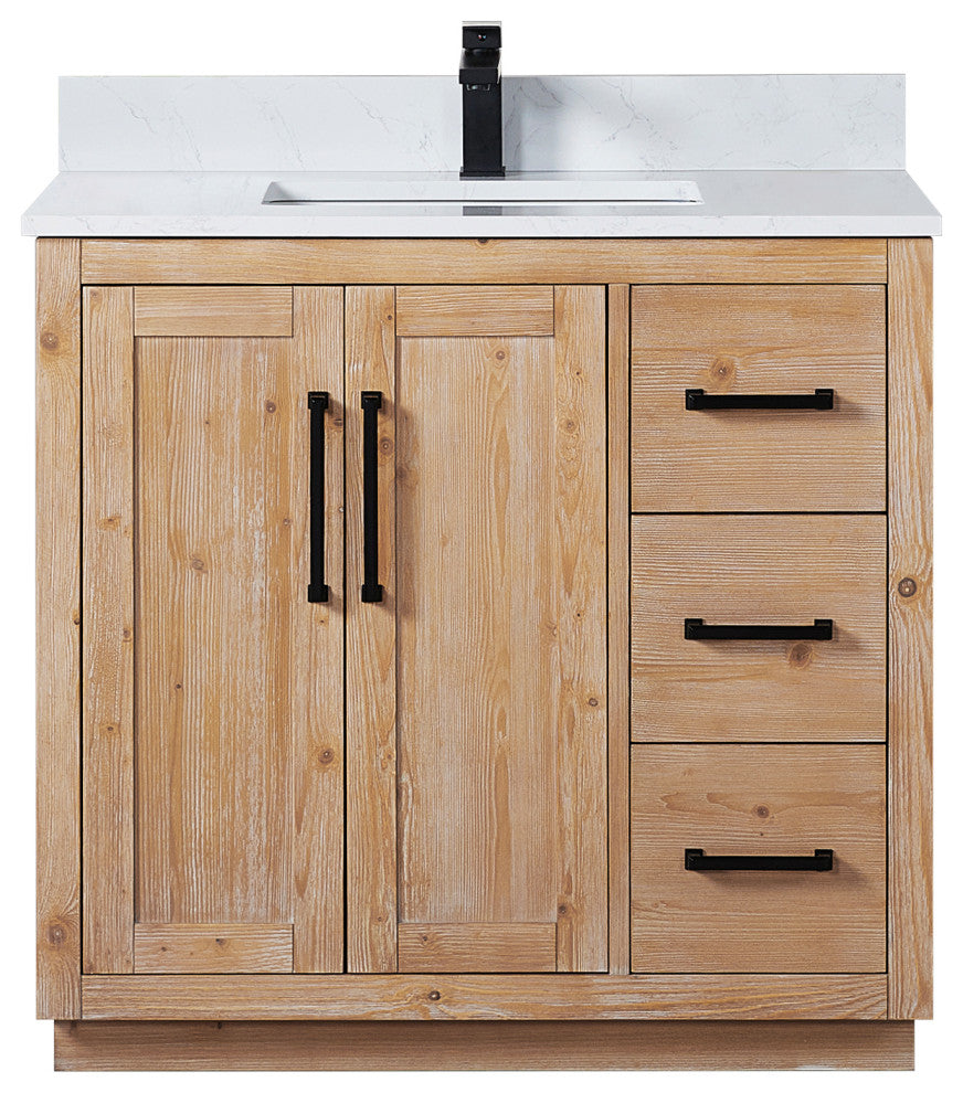 Cicero Vanity, Grain White Engineered Stone Countertop, Light Brown, 36", No Mirror