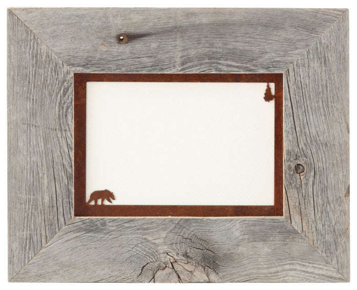 5X7 Barnwood Frame with Corner Image Rusted Metal Mat, 5x7, Bear