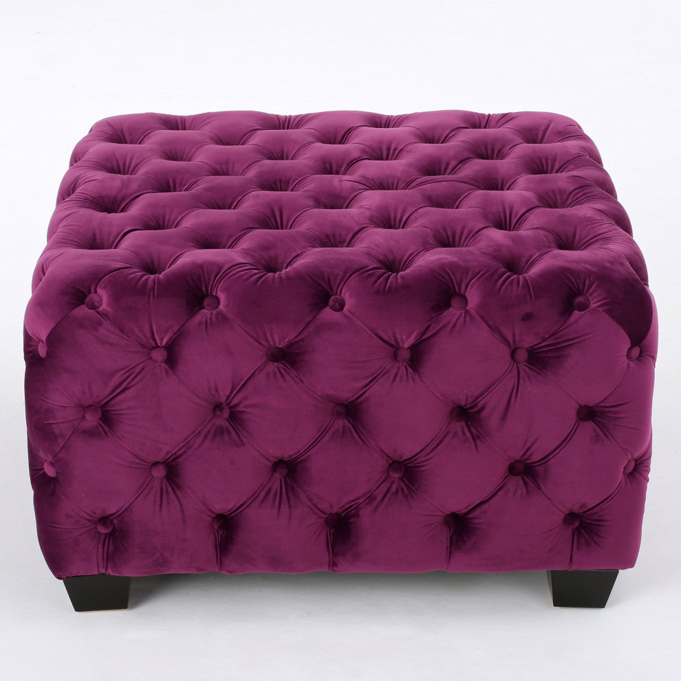 GDF Studio Provence Dark Teal Tufted Velvet Fabric Square Ottoman Bench, Fuchsia