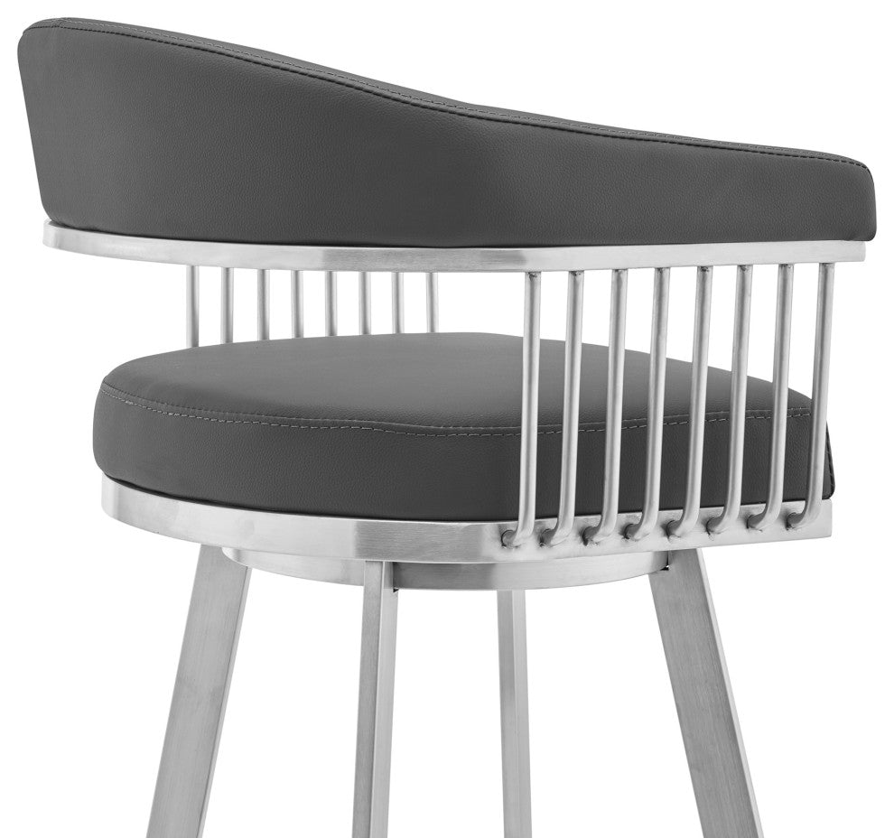 Chelsea Gray Faux Leather and Brushed Stainless Steel Swivel Bar Stool, 26 Inch