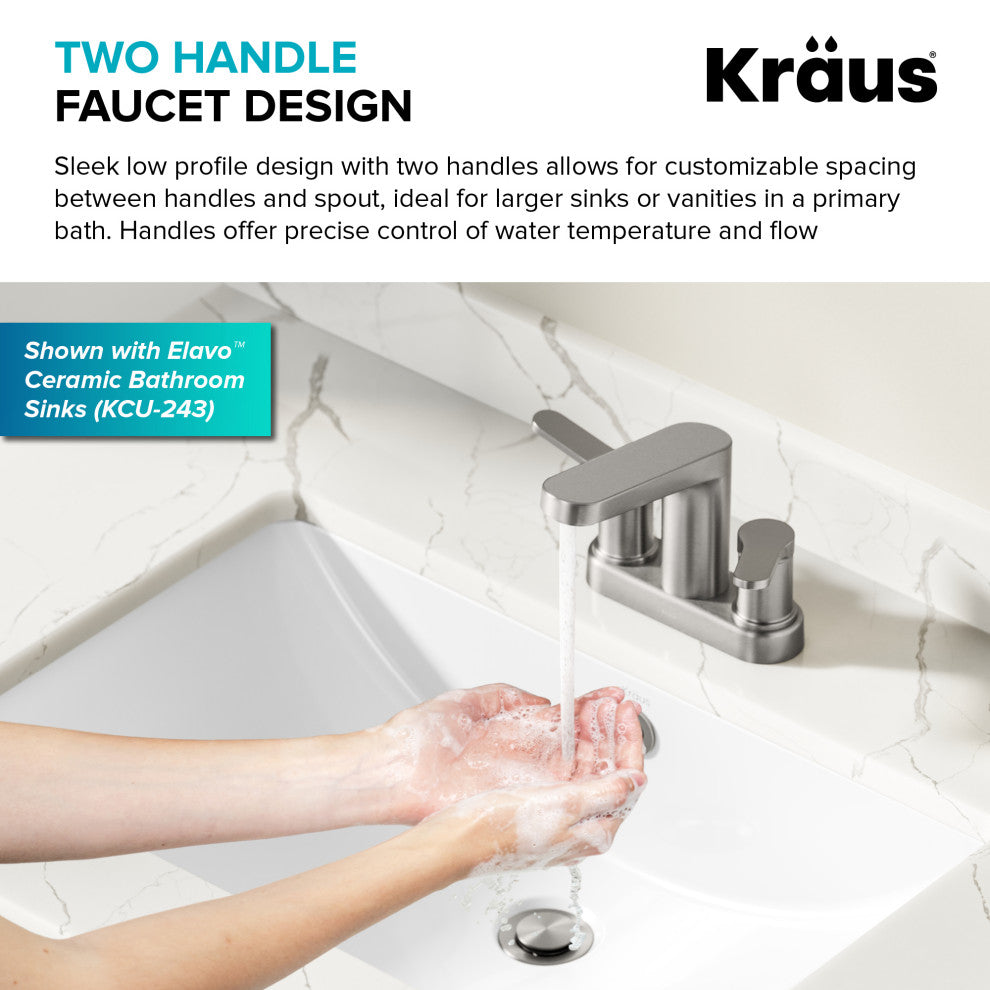 KRAUS Indy 2-Handle 3-Hole Centerset Bathroom Faucet Spot Free BN, PU Drain
