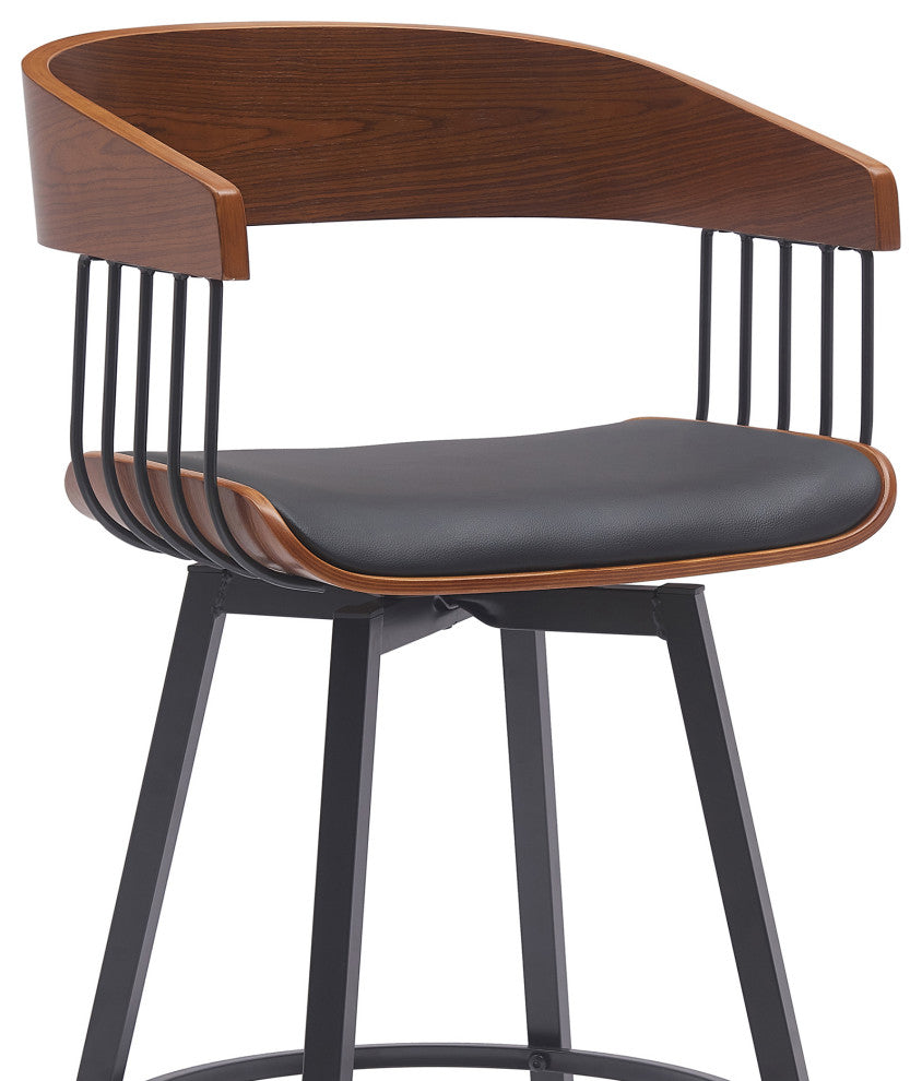 Athena Swivel Walnut Wood Counter Stool Black Faux Leather With Black Metal, 27"