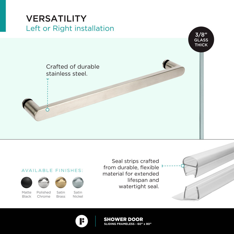 Frameless Clear Sliding Shower Door With Tempered Glass - Shower Bathroom Door, Satin Nickel, 60" X 80", Double Sliding Door