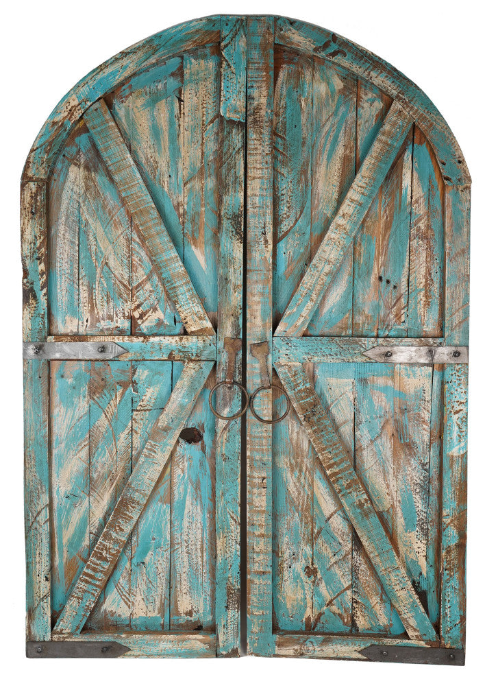 Farmhouse Arched Pair Wooden Doors, Large, Turquoise