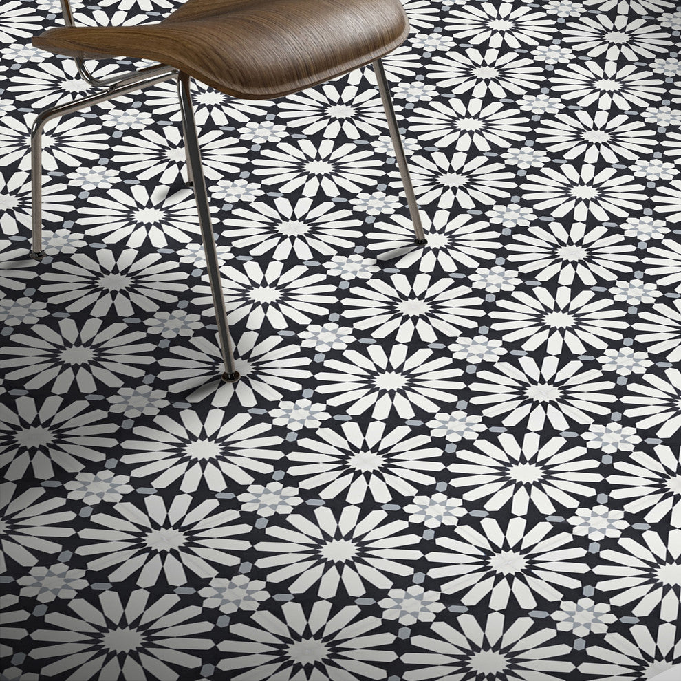 8"x8" Alhambra Handmade Cement Tile, Black-White-Gray, Set of 12