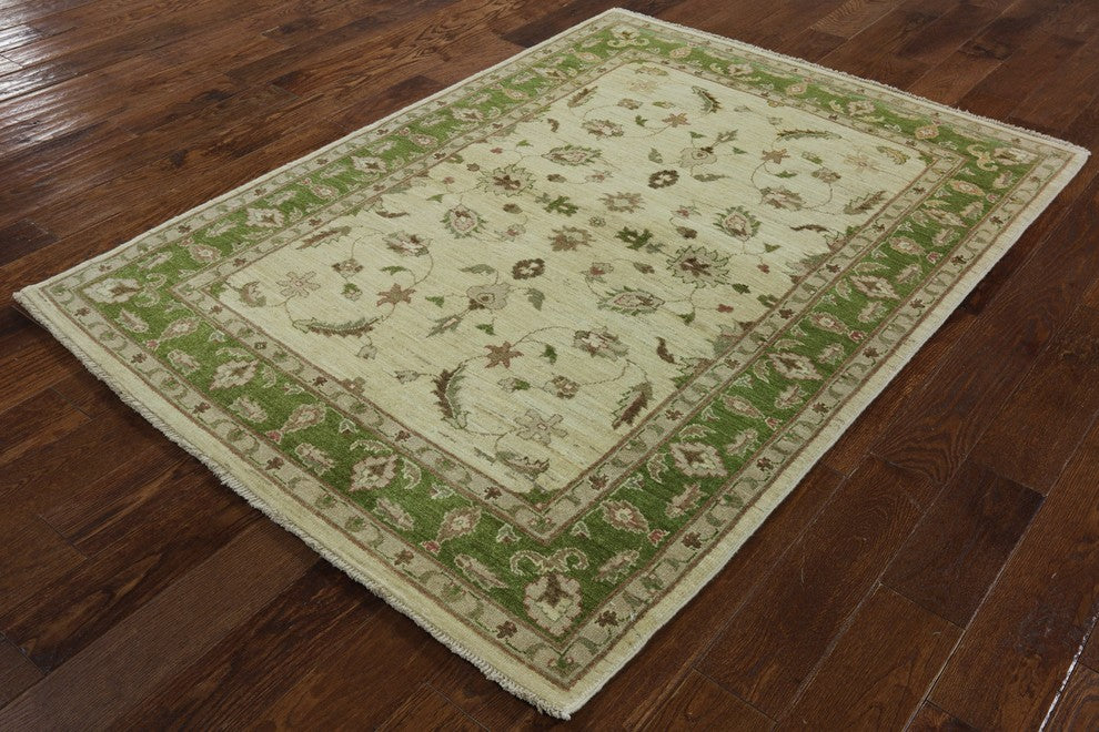 Ivory and Green Oushak Style Chobi Hand-Knotted Wool Rug, 5'x6'
