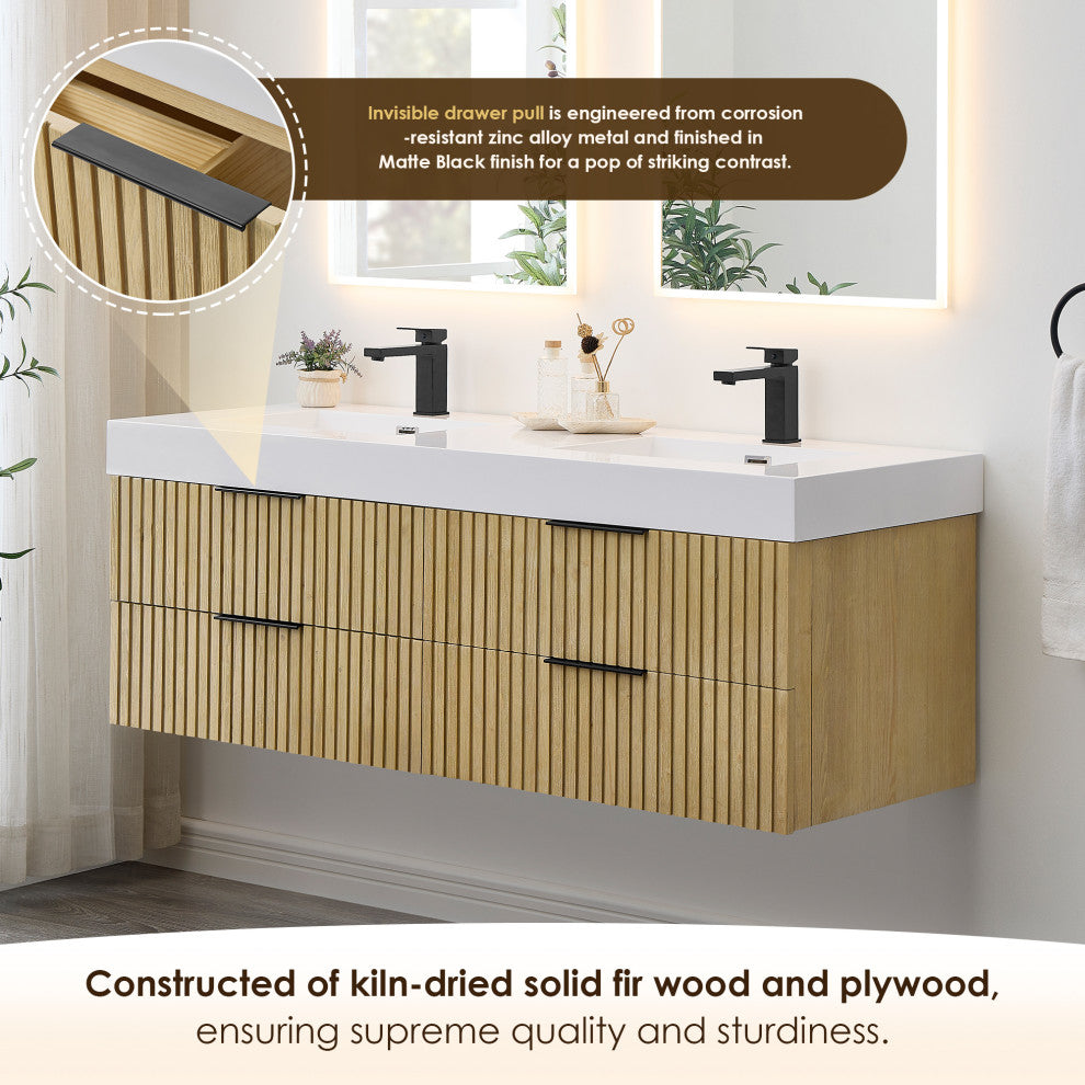 Livia Wall-mounted Bathroom Vanity, Nature Brown, 60inch, No Mirror