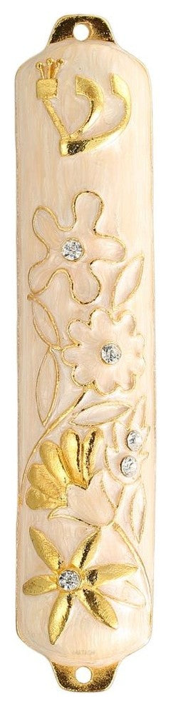 Hand Painted White Enamel Mezuzah Embellished With a Floral Design With Gold Acc