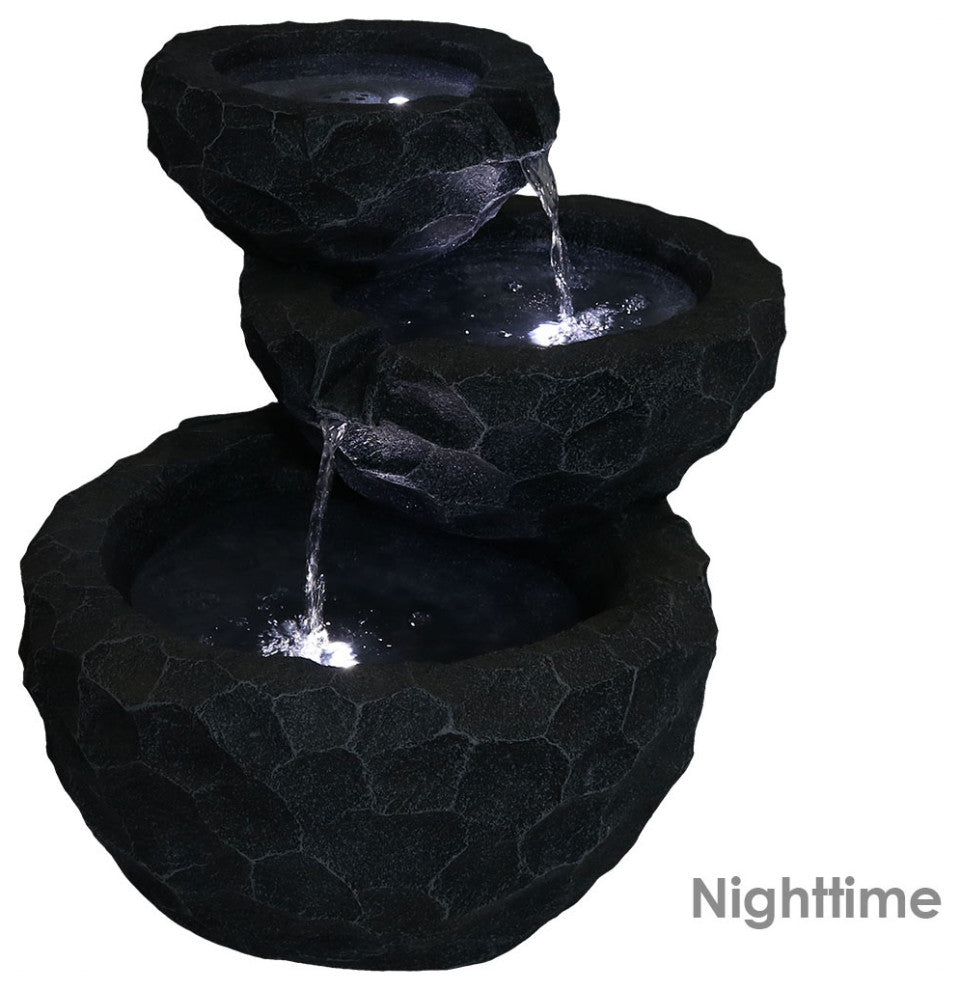 Sunnydaze Chiseled Basin Small Outdoor Solar Fountain, 3-Tier, Solar-on-Demand