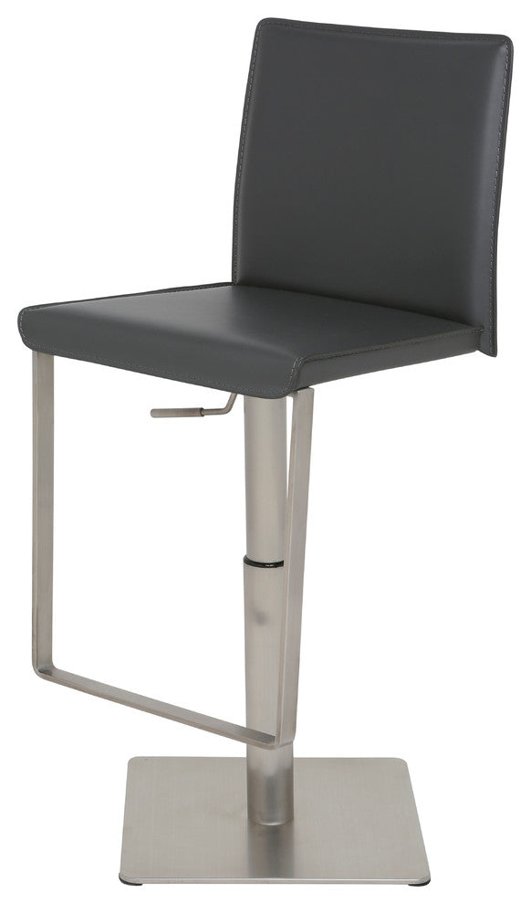 Kailee Adjustable Bar Stool, Brushed Steel, Gray Leather