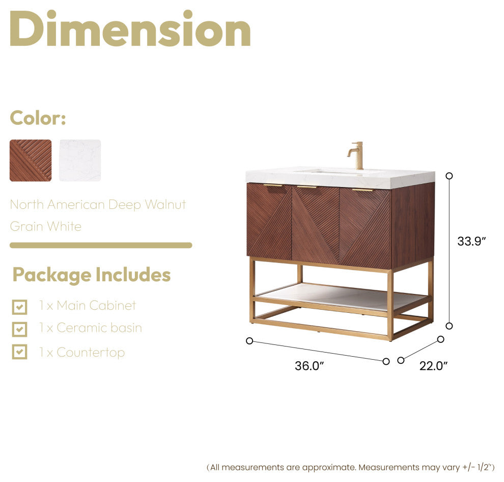 Mahon Bath Vanity, Stone Top, Brushed Gold Base, 36", Single Vanity, No Mirror