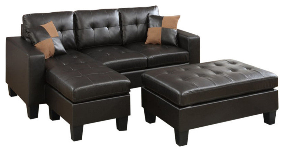 Benzara BM168740 Leather All, One Sectional With Ottoman and 2 Pillows Brown