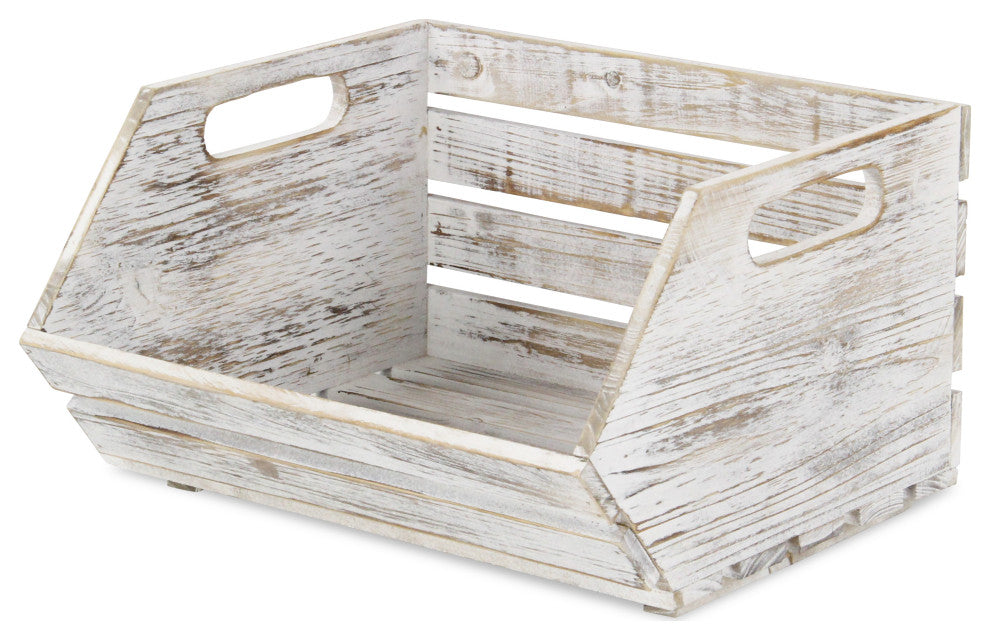 Wood Slat Stackable Storage With Side Handles, Gray Wash