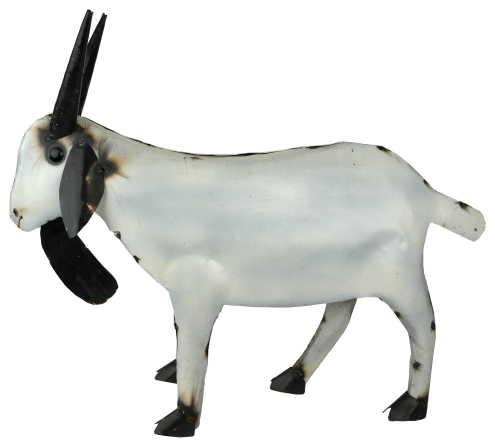 Recycled Metal Garden Farmhouse Goat-Handmade-Rustic, White & Black, Medium