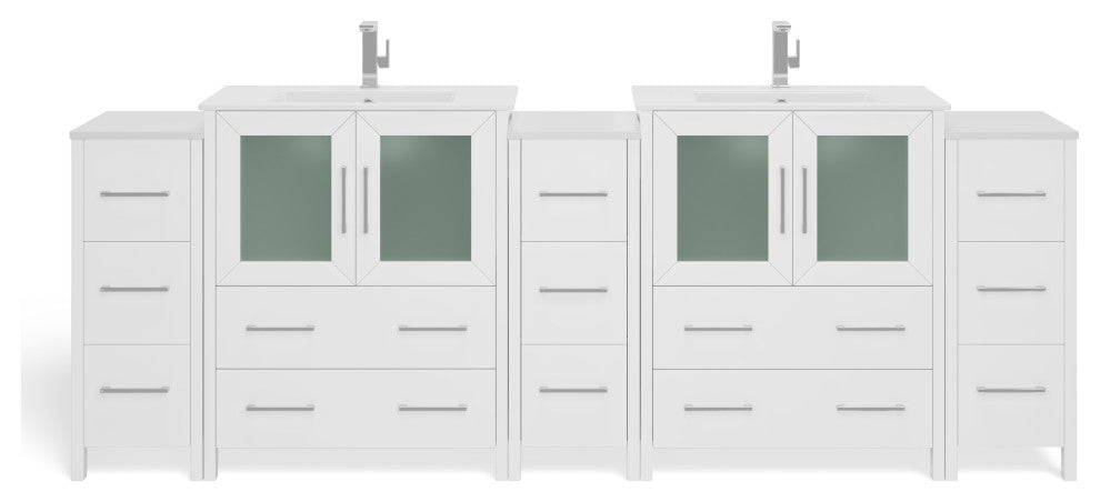 The Pullman Bathroom Vanity, White, 96", Double Sink, Freestanding