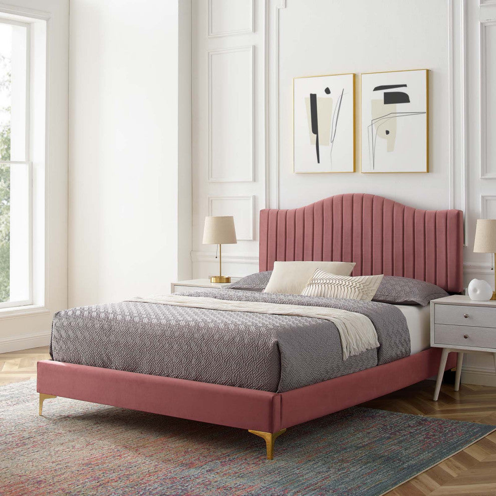 Juniper Channel Tufted Performance Velvet Twin Platform Bed, Dusty Rose