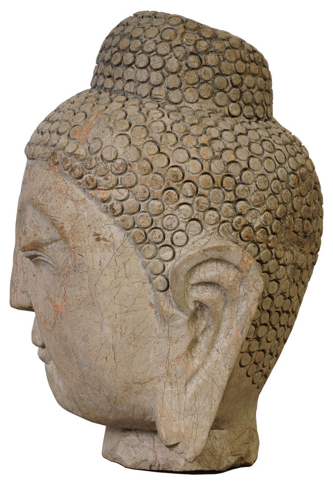 Consigned 14" Antique Chinese Carved Stone Buddha Head Statue