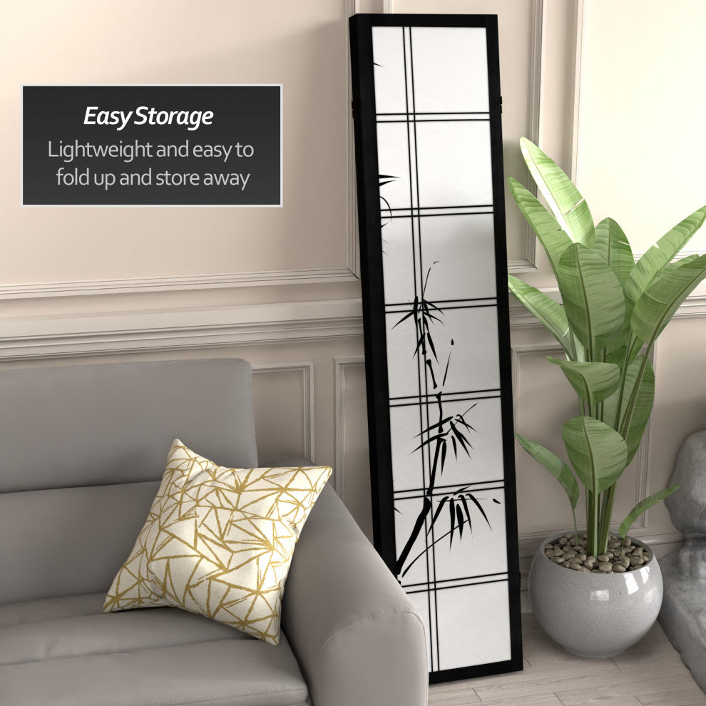 6' Tall Canvas Bamboo Tree Room Divider, Black, 3 Panels