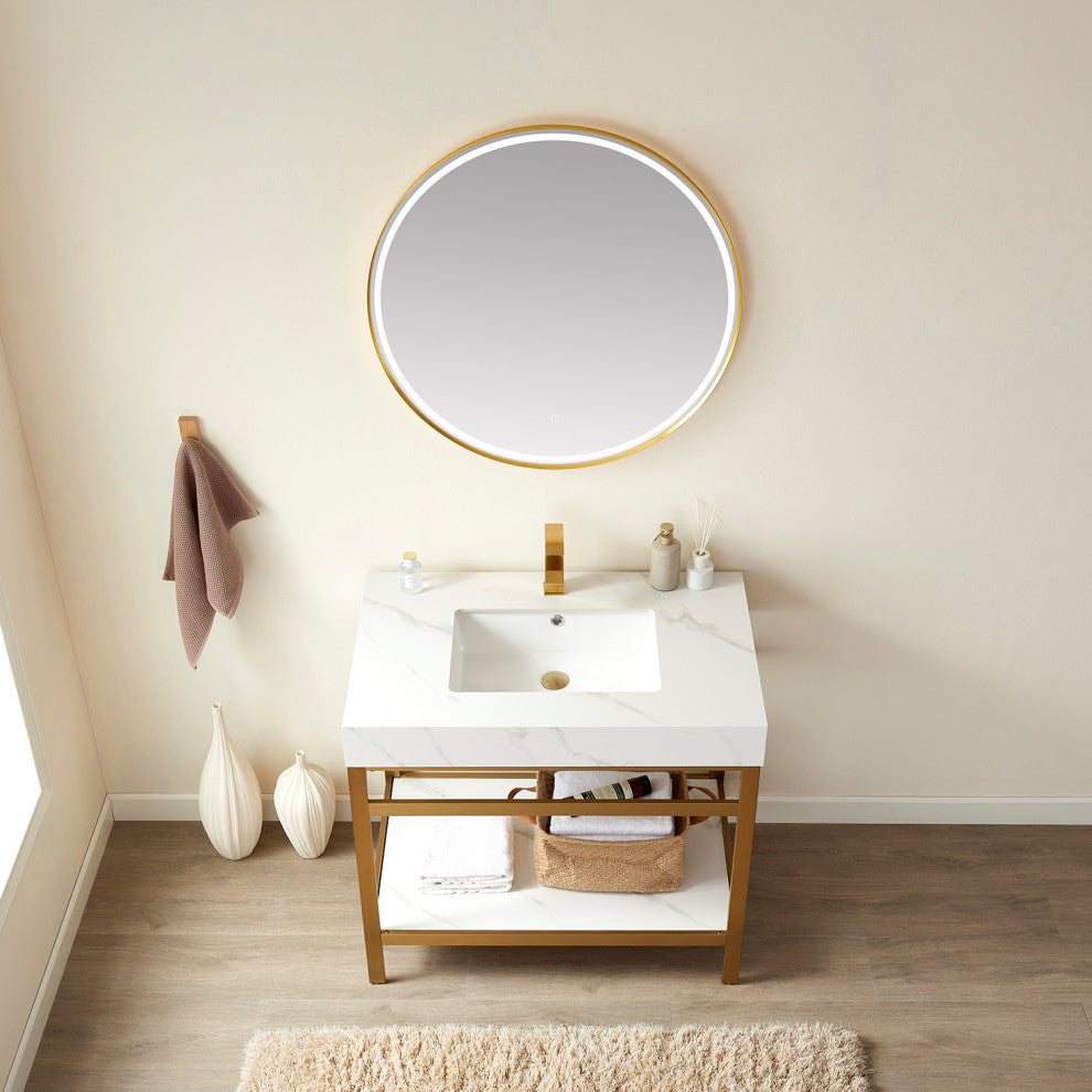 Funes Bath Vanity with Mirror, Brushed Gold Support, 36'', White Stone Top