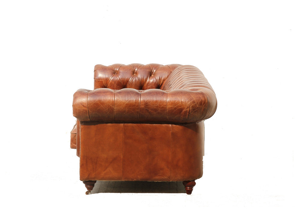 Paris Club Top Grain Leather Chesterfield Tufted Sofa, Brown