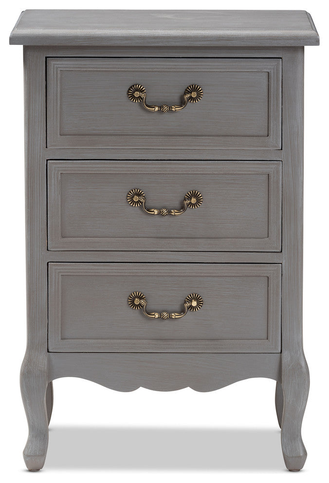 Bruno Country Wood 3-Drawer Nightstand, Cottage Gray