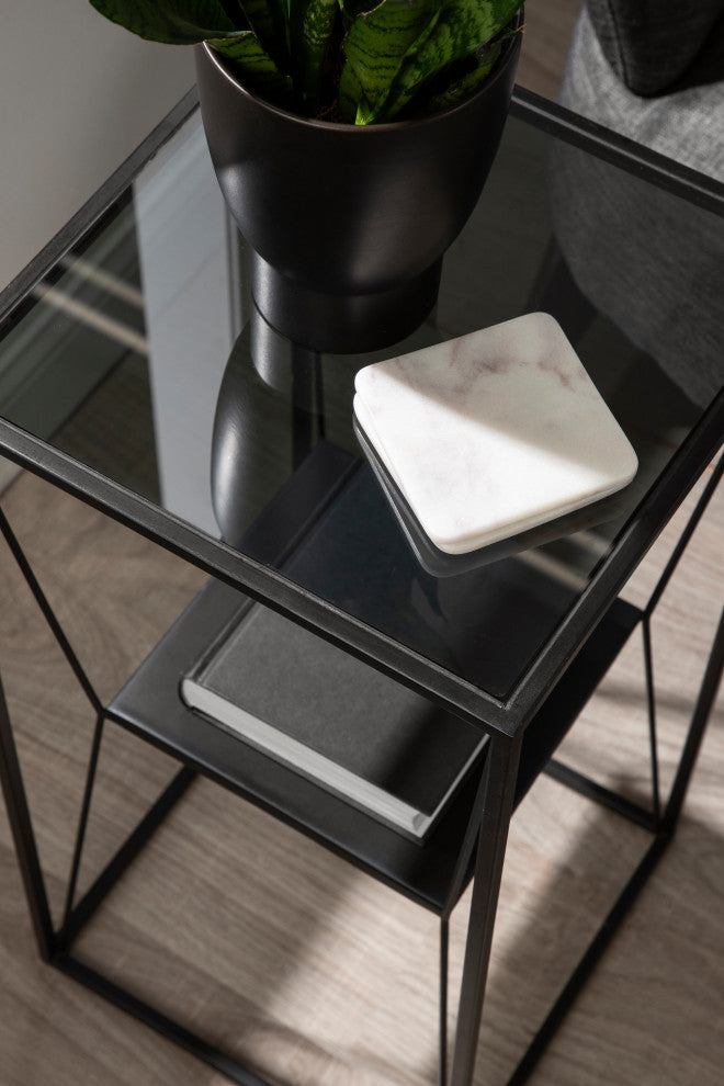 Knight Metal Glass Side Table, Black 12x12x24