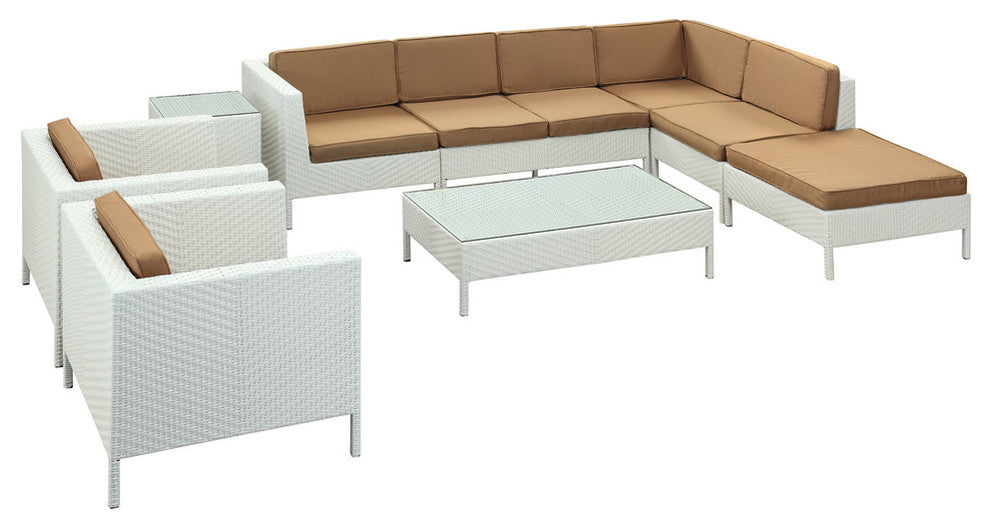 Modern Urban Outdoor Patio Rattan and Wicker 9 Pieces Sectional Set, White Mocha