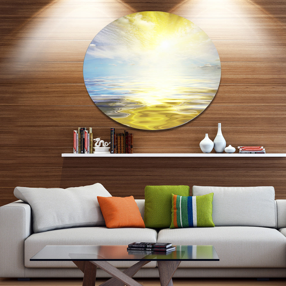 Wavy View Of Sea In Yellow Blue, Seashore Disc Metal Artwork, 23"
