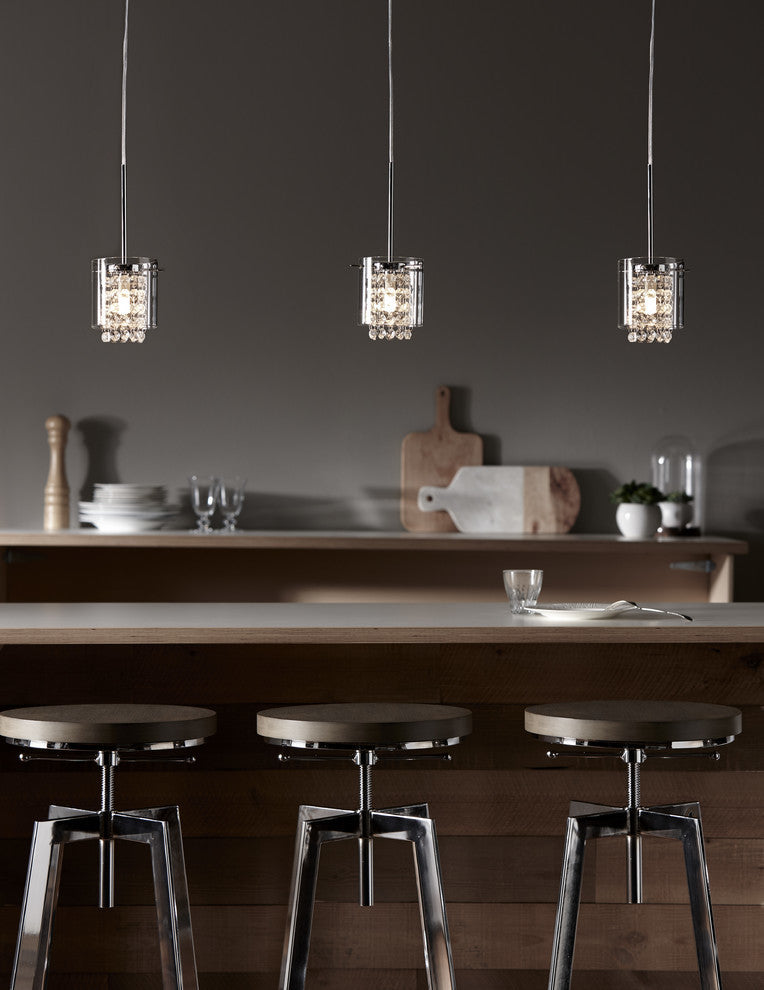 Single Pendant With Clear Round Glass Shade and Glass Beads