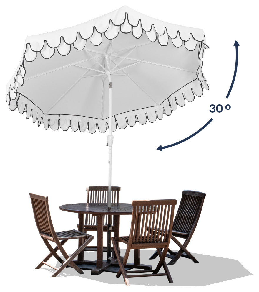 9ft Fringe Patio Umbrella Auto-Tilt, Crank, White, 107L x 107W x 99H