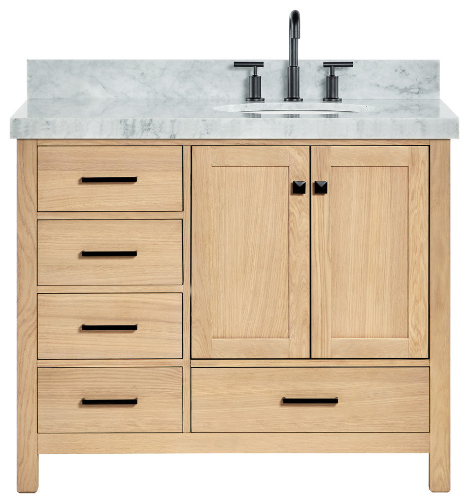 Cambridge 42" Single Bath Vanity With Italian Carrara Marble Top, Oak
